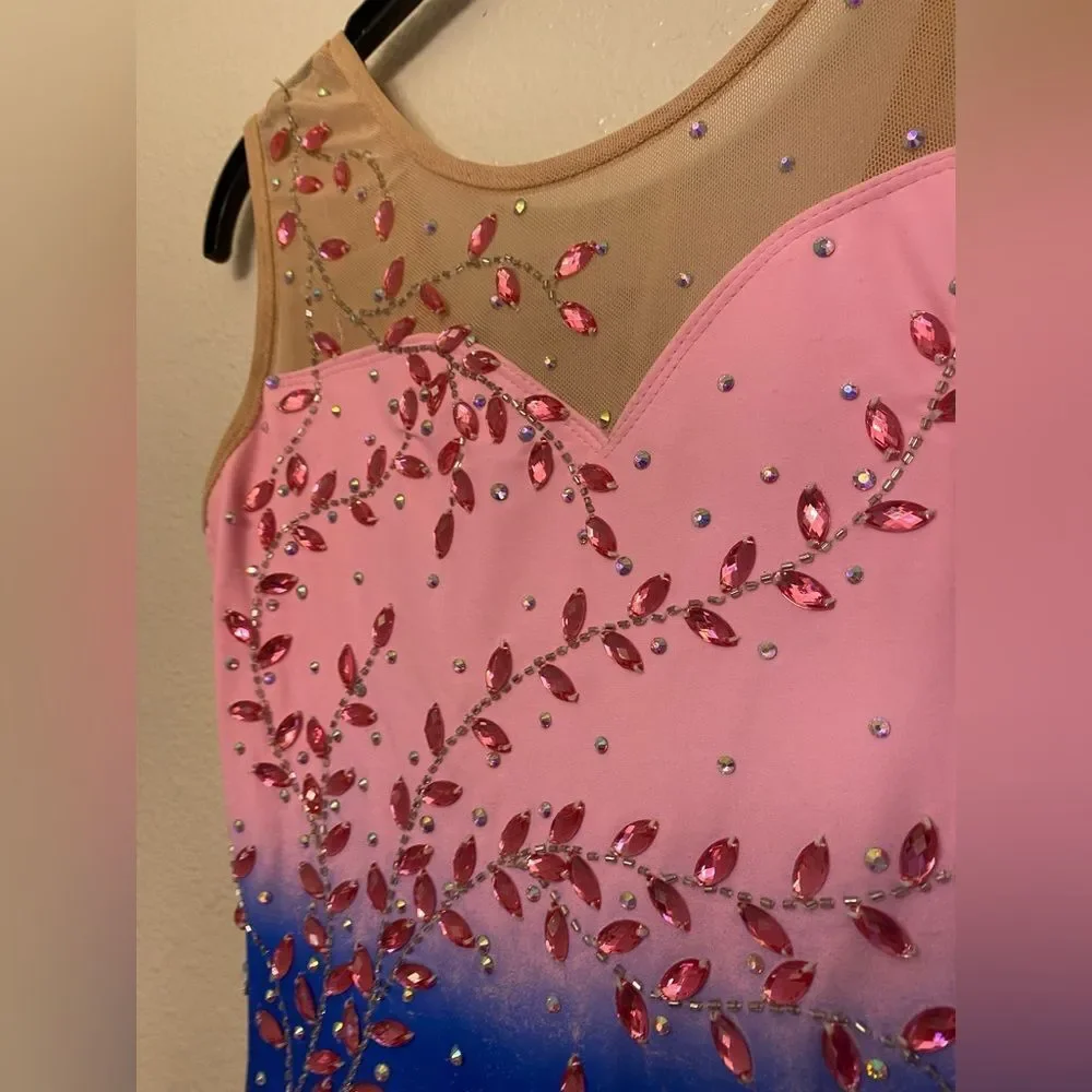 Custom solo dance ice skating ballet costume blue pink ombre stoned dress SA